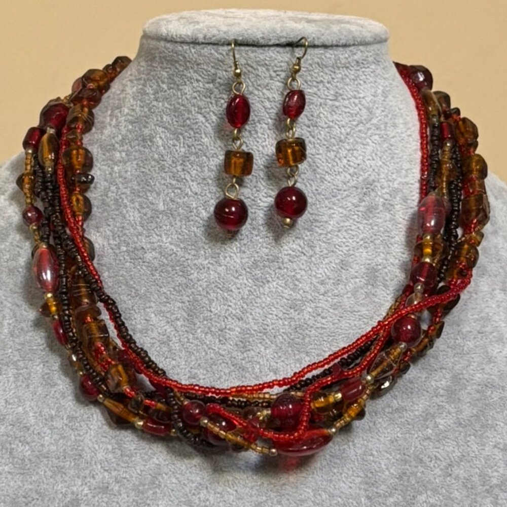 Mutli Strand Red And Brown Glass Bead Necklace With Matching Earring